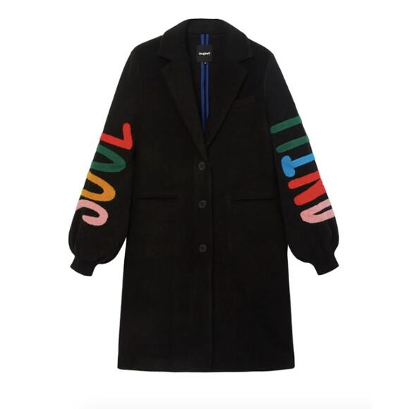 Desigual Estonia Coat Colorful Lettering Sleeves Wool Black Large - Picture 2 of 15